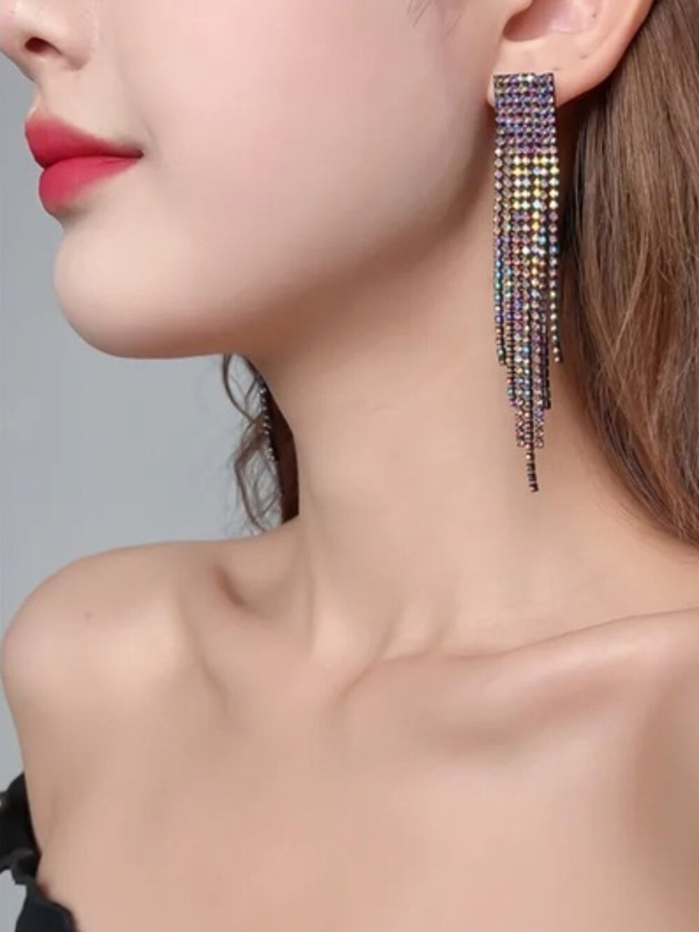 DESIGNER Glam Rocker Chic Gunmetal Rainbow Ombre Rhinestone Crystal Earrings - Picture 2 of 4